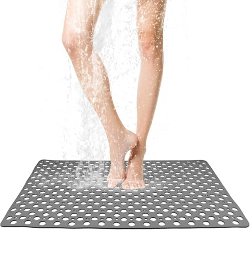 DENUOTOP Duschmatte rutschfest 60 x 90cm, Groß Antirutschmatte Dusche, Weich TPE Duscheinlage mit Saugnäpfen und Großen Ablauflöchern, Weich auf den Füßen, Flexibel und Rissbeständig (Grau)