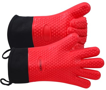 GEEKHOM Silikon Ofenhandschuhe Hitzebeständig Topfhandschuhe BBQ Handschuhe Wasserdicht Küchenhandschuhe für Backofen Grillen Mikrowelle, rutschfeste Backhandschuhe Mit Fingern, Rot, M