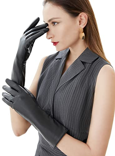 VIKIDEER Lange Handschuhe aus echtem Leder für Damen, voller Touchscreen, Winter, warm gefüttert, eleganter Typ