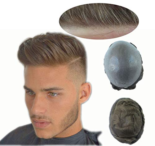 HAIR NATURE Toupee for Mens Hairpiece, Real Man Wigs Human Hair Replacement System, Thin Skin 0.03mm Colored Hairpieces #18