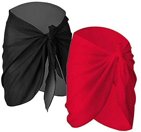 Donne Spiaggia Wrap Sarong,2 Pack Sarong Pareo da Spiaggia in Chiffon Donna Pareo Mare Chiffon Bikini Cover Up Coprire Gonne Avvolgent for Holiday Nuoto Nero+Rosso