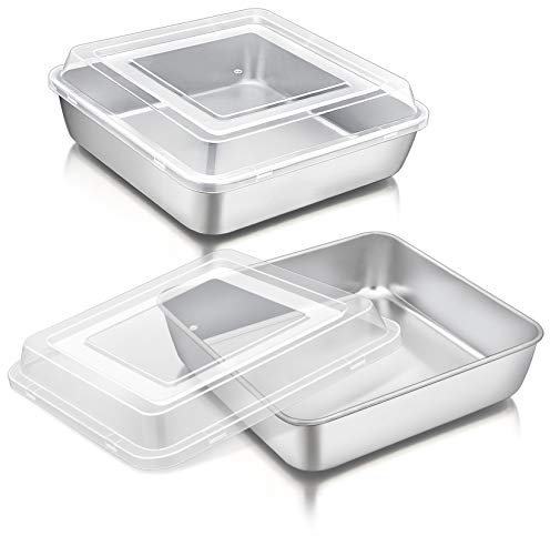 8 Inch Square Cake Pan with Lid, P&P CHEF Stainless Steel Baking Pans and Lids, For Lasagna Brownie Cake, Heavy Duty & Food Grade, Durable Pans & Plastic Covers, Oven & Dishwasher Safe (2 Pans+2