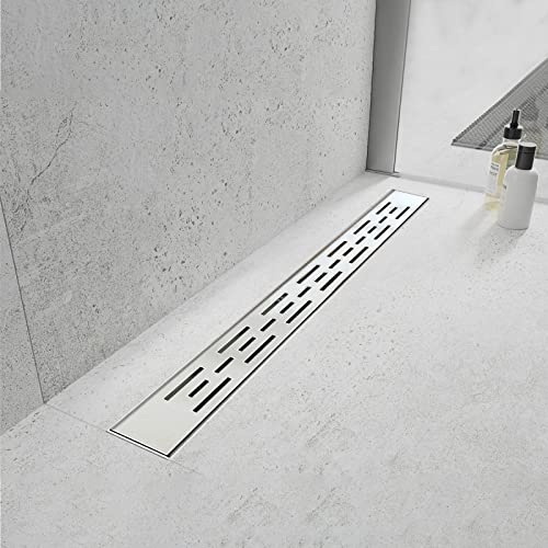 Elefloom Desagüe de ducha lineal, 24 pulgadas con rejilla patrón de barra, desagüe de ducha duradero AISI 304 de acero inoxidable, desagüe lineal con colador de pelo y pies niveladores