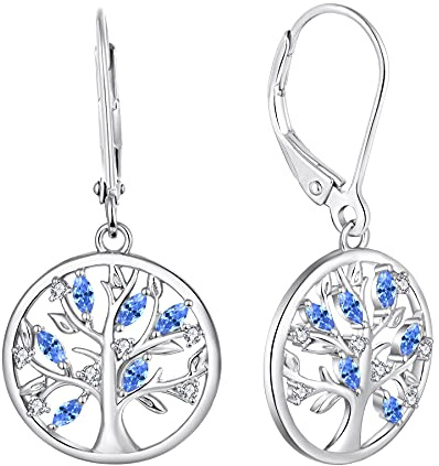 JO WISDOM Damen Ohrringe Hängende Baum des lebens Silber 925,Ohrhänger Lebenbaum mit 5A Zirkonia Kristall März Geburtsstein Aquamarin Farbe,Schmuck für Frauen