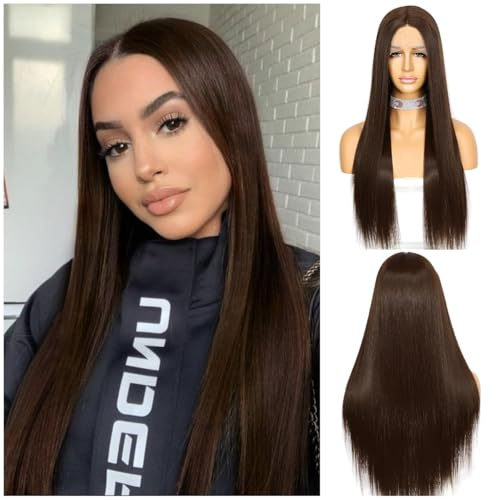 Sapphirewigs Braun Lange gerade Perücke für Frauen Spitze vorne Perücken mit mittelTeil japanische synthetische Haare Täglich Halloween Weihnachten Täglich Halloween Weihnachten 26 inch