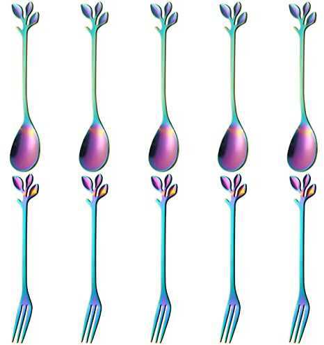 AnSaw Lot de 10 mini cuillères et fourchettes arc-en-ciel de 11,9 cm en acier inoxydable avec poignée en forme de feuille, idéal pour café, thé, apéritifs, dégustations, fêtes, charcuterie et