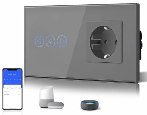 BSEED Normal Schuko Steckdose (Nicht-WiFi) mit 1 Fach WIFI Berühren Dimmer Wandschalter Wandleuchtensteckdosen Grau Work mit Alexa/Tuya/Google Home/SAMRT LIFE(Neutralleiter erforderlich)