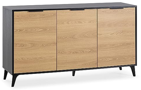 HOMN LIVING Aparador Kalma 3 Puertas, Color Negro Cepillado y Madera, 136 cm (Ancho) 40 cm (Profundo) 76 cm (Altura)