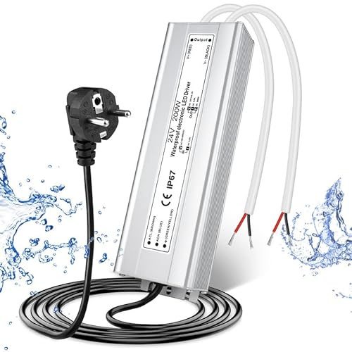 Transformador LED 24V 200W IP67, transformador exterior impermeable con enchufe, fuente de alimentación LED de 230V a 24V DC, adaptador driver LED para tiras, lámparas y proyectores.