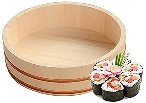 KARFRI Holz-Sushi-Reisschüssel-Behälter, Sushi-Reis-Rühreimer mit Kupfergürtel, Eimer für die Zubereitung von Sushi im japanischen Stil, Kühlschüssel, 30 x 7,5 cm (weiß 48 x 12 cm)