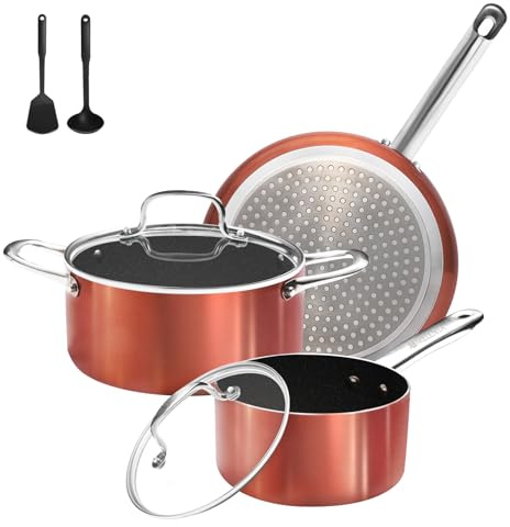 M MELENTA Pots and Pans Set Non Stick, 7 Piece Ceramic Cookware Set, Non Toxic Kitchen Induction Cookware Sets, Pots and Pans Cooking Set with Oven Safe Handle, 100% PFOA Free, Copper