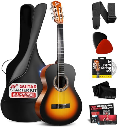 Pyle Kit de Guitarra Acústica para Principiantes - Diestro, 4/4, Sunburst teardrop mate