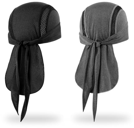 MELASA Mesh Do Rag Bandana Cap, Cooling Skull Cap Helmet Liner, Sweat Dew Rags Head Cover for Cycling Motorcycle Running(Black & Grey)