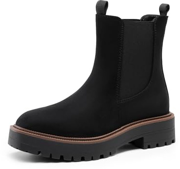 DREAM PAIRS Botas de Tobillo Chelsea para Mujer con Punta Cuadrada, Moda de Tacón Bajo, Suela de Plataforma y Estilo de Otoño,Size 39,Ante Negro,SDAB2412W