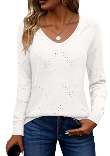 Zeagoo Suéter Crochet Elegante Mujer Suéter Punto Cuello V Manga Larga Otoño Invierno Suéter Elegante Camiseta Manga Larga Blanco XL