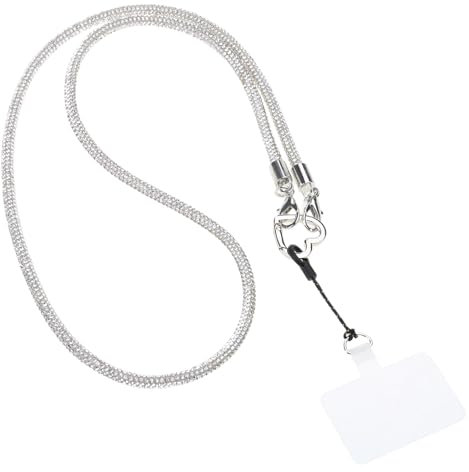 GMBYLBY Handy-Umhängeband mit funkelnden Strasssteinen, modische und sichere Crossbody-Kette mit Kartenhalter, Kristall-Schlüsselanhänger, silber
