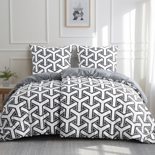 Aisbo Bettwäsche 135x200 4teilig Bettdeckenbezug - Bettwäsche Set 135 x 200 Geometrisch Grau Muster mit 2 Kissenbezügen 80x80 cm, Mikrofaser Bettbezug 2er Set mit Reißverschluss, Bügelfrei und Weich