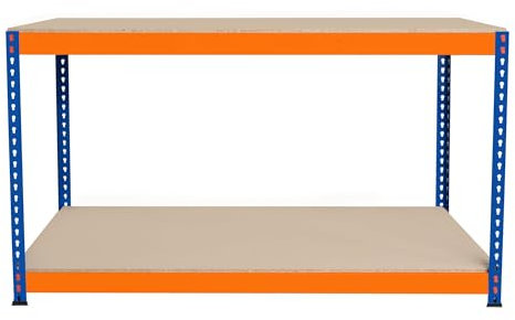 Banco de Trabajo p/Garaje S-Rax 2 Niveles | 150cm x 60cm x 90cm | Capacidad por Nivel 300kg | Montaje Sin Tornillos | 2 Barras de Soporte Reforzadas | Patas de Goma | Mesa para taller almacén depósito