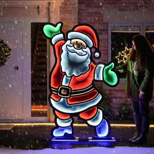 Festive Lights - 1.8m Infinity Mirror Santa Claus Christmas Figure 3D Freestanding Metal Décor - 1,314 Multicolour SMD LEDs, Mains Powered, Indoor Outdoor Use, Wooden Base, 5m Clear Cable, IP44 Rated