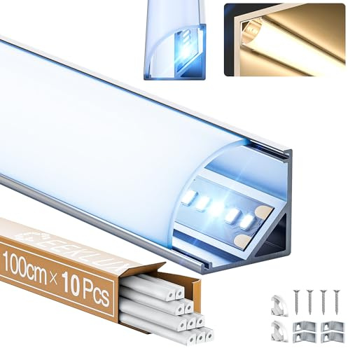 GEEKLUX 10 x LED Eckprofil Aluminium 1 m x 10 Stück (insgesamt 10 m) für LED Strips, V-förmiger LED Kanal mit LED Diffusor, 90 Grad LED Schiene, ideal für Decke, Treppen und Ecken - 15,8 x 15,8 mm
