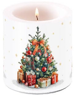 Ambiente Kerze Stumpenkerze Wachswindlicht Dekorationskerze 9 cm hoch Paraffinwachs 35h Brenndauer Weihnachten Tannenbaum mit Dekoration Advent Serie decorated christmas tree