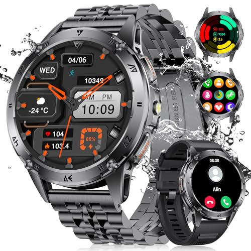 LIGE Smartwatch Herren 1.43''AMOLED Touchscreen/530 mAh Akku Sportuhr Herren mit Taschenlampe/110+ Sportmodi,IP68 Wasserdicht Fitnessuhr mit 24/7 Herzfrequenz,Schlafmonitor für Android iOS,2 Bänders