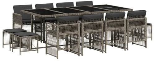 vidaXL Garten Essgruppe 13-TLG., Gartenmöbel Set Tisch mit 8 Stühle 4 Hocker, Gartengarnitur mit Kissen, Sitzgruppe Essgarnitur Terrasse, Grau Poly Rattan