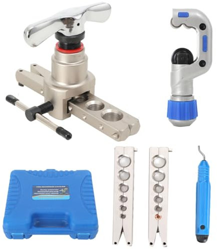 Bördelwerkzeugsatz 1/4”-3/4”/ 6–19 mm, Einzelbördelwerkzeug, 45° Exzentertyp, manuelles Rohrbördelwerkzeugsatz mit Kupplung, Rohrschneider, Entgratwerkzeug für Kupfer-Aluminium-Rohre (5-in-1-Satz)