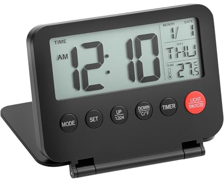 QWORK® Sveglia digitale da viaggio, sveglia da viaggio piccola con calendario, indicatore di temperatura, funzione snooze, nessuna batteria inclusa