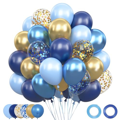Ballons Anniversaire Bleu Doré 62 Pièces, 12 Pouces Bleus Marine Or Helium Latex Arche Ballons Métallique Doré Confettis Gonflable, Decoration Anniversaire Garçon Gender Reveal Mariage Baby Shower
