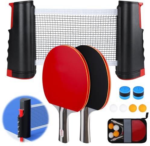 BBWELL Set di racchette da ping pong,2 racchette,4 palline (2 gialle,2 bianche),rete retraibile,2 grip e borsa da trasporto,set completo e portatile per principianti,ideale per interno ed esterno