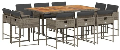 vidaXL Garten Essgruppe 11-TLG., Gartenmöbel Set Tisch mit Holzplatte 10 Stühle, Gartengarnitur mit Kissen, Sitzgruppe Terrasse, Grau Poly Rattan