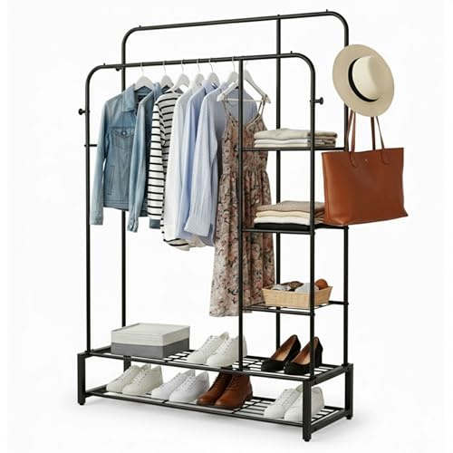 DIVCHI Clothes Rail Heavy Duty Metal Garment Rack with Double Hanging Bars Shoe Storage Shelves & Coat Hooks Space-Saving Wardrobe Stand for Bedroom & Hallway (Black)