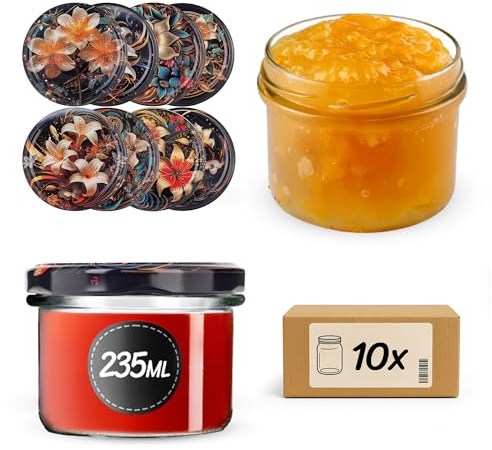 KADAX Tarros de conservas de 235 ml con tapa de rosca fi82 mm, pequeños tarros de mermelada con tapa, tarros de rosca para mermelada y miel, tarros de cristal (lirios, 10 unidades)