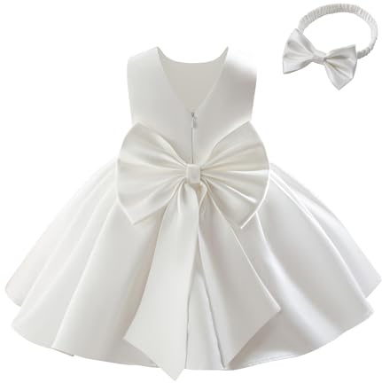 Miipat Klänning för baby flicka satin klänning brudtärna bowknot linje A V-back dop bröllop fest fest nattvard klänningar för barn från 6 månader till 4 år, Vitt och blått, 2-3 ans