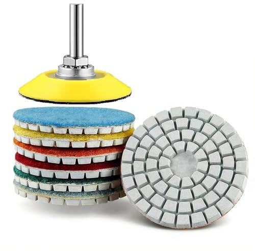 MiJunHD 2inch 50mm Diamond Water Grinding Pad, 7 Different Grit 50#-3000# Wet Sanding Discs & 6mm Round Handle Hook & Loop Backing Holder for Detail Fine Buffing Polishing (8Pcs/Set)