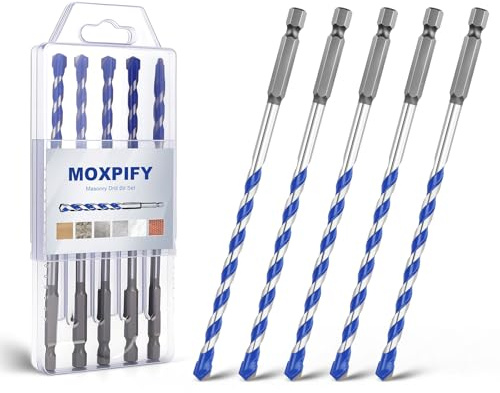 MOXPIFY 5pcs Impact 7mm Masonry Drill Bit Hex 150mm Extra Long | Tungsten Carbide Tip Concrete Drill Bits for Brick Wall Tile Porcelain (7mm x 150mm x 5, Hex Shank)