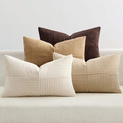 EMEMA Kissenbezug Kordsamt Patchwork Kissenhülle 40x60 Kaffee Serie | 4er Set Zierkissenbezug Dekokissen Sofakissen Kord Dekorative Kissen für Sofa Sessel Zuhause Schlafzimmer