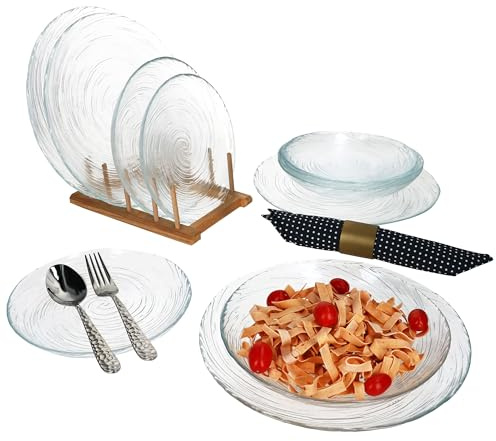 MamboCat Oxy - Set di 12 piatti in vetro trasparente con decorazione a spirale, 4 piatti piani, 4 piatti fondi da 300 ml e 4 piatti da dessert per 4 persone