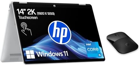 HP OmniBook 5 Flip 14-fp0254ng 2 in 1 Convertible Laptop, 14 Zoll 2K-Touchscreen (1920 x 1200), Intel Core i5-1334U, 16 GB RAM, 512 GB SSD, QWERTZ, Windows 11 Home, Silber + HP Z3700 kabellose Maus