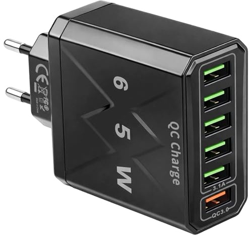 Cargador USB Múltiple 65W con 6 Puertos, Cargador Rápido QC 3.0 USB-C/USB-A | Enchufe Carga Rápida de Pared con Chip Inteligente, Compatible con iPhone 16/15/14/13/12/11, Galaxy S24/23/22, Pixel