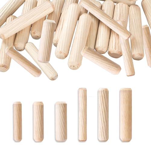 Pushiibee Tourillons en Bois Assortis, 150 Pièces Chevilles Bois Cannelées, 6 Tailles Goujons Bois Coniques et Rainurés pour Réparation et Assemblage de Meubles