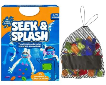 Jouet de piscine pour enfants | Jeu de recherche sous-marine avec 64 pierres précieuses et 35 cartes étanches | Anneaux de plongée pour enfants | Jouet de plongée avec sac en filet | Jeux aquatiques
