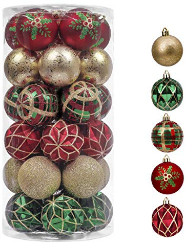 Valery Madelyn Christmas Ornaments Set, 30ct 2.36 Inches Red Green and Gold Shatterproof Christmas Tree Decorations Ball Ornaments Bulk, Traditional Country Hanging Decor for Xmas Holiday Party