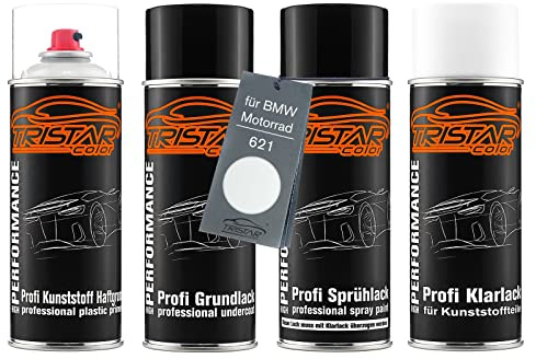 TRISTARcolor Motorradlack Spray Kunststoff für BMW Motorrad 621 Perlmutt M. | Perlmutt Metallic, Sprühdosen-Set für Stoßstange/Plastik, Kunststoff-Haftgrund + Grundlack + Basislack + Klarlack