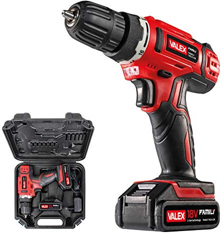 Valex 1429387 Trapano Avvitatore a Batteria al litio 18V FAMILY-TECH 218, in Valigetta, 0-650 Giri/min, 2 Batterie incluse, Rosso, 3/8_pollice