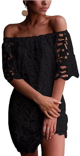 PRETTYGARDEN Women's Summer Off Shoulder Vintage Floral Lace Flare Short Sleeve Loose Elegant Mini Dress (Black,X-Large)