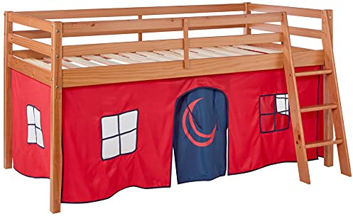 Roxy Junior Loft Bed with Playhouse Tent - Cinnamon Finish, Includes Red and Blue Tent, Durable Wood, Twin Size, Safety Guard Rails, Removable and Washable Tent with Windows and Door Flap