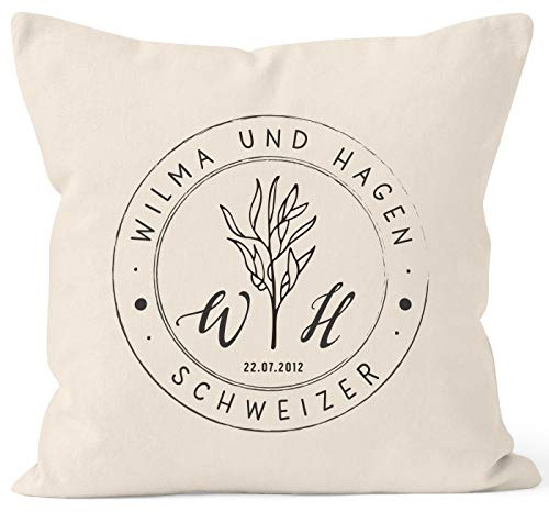 SpecialMe® personalisierbare Kissen-Hülle zur Hochzeit mit Namen und Datum Stempel-Design Initialen Hochzeitsgeschenk Natur Unisize