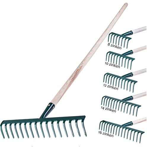 KADAX Rechen aus Metall, Flache Harke mit Stiel aus Holz, Laubbesen für Garten, Beet, Laubrechen, Rasenrechen, grün, Gartengerät, Heurechen, Gartenwerkzeug, Gartenharke (16 Zinken)